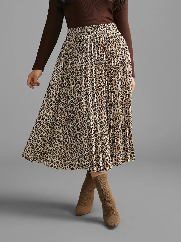 Leopard Print Pleated Elastic Waist Skirt