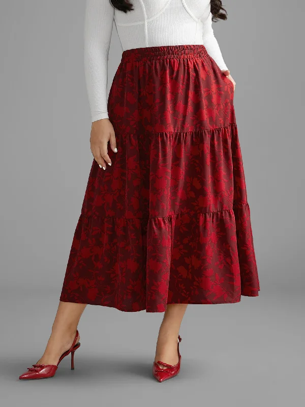 Silhouette Floral Print Ruffle Layered Hem Skirt