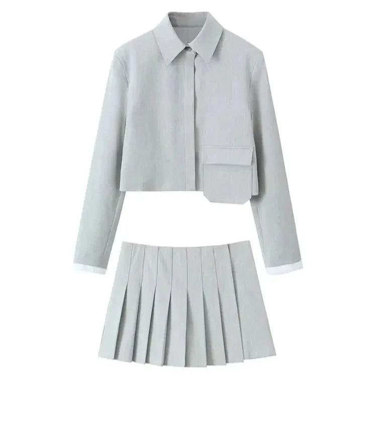 A&A Chic Button Jacket Patch Pocket And Pleated Skirt Set