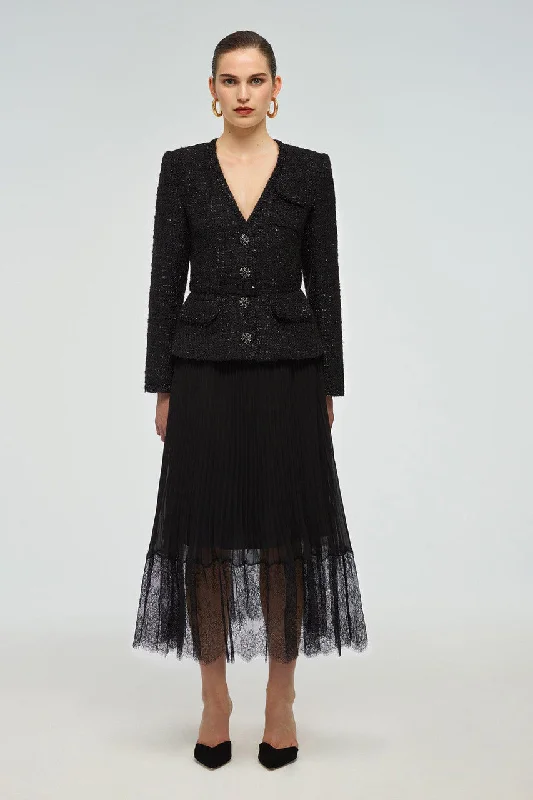 Black Metallic Bouclé Tailored Midi Dress