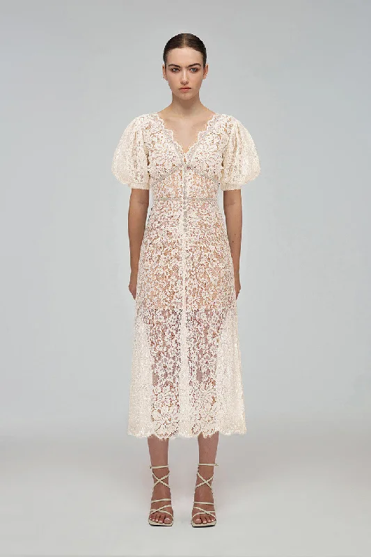 Cream Fine Corded Lace Midi Dress