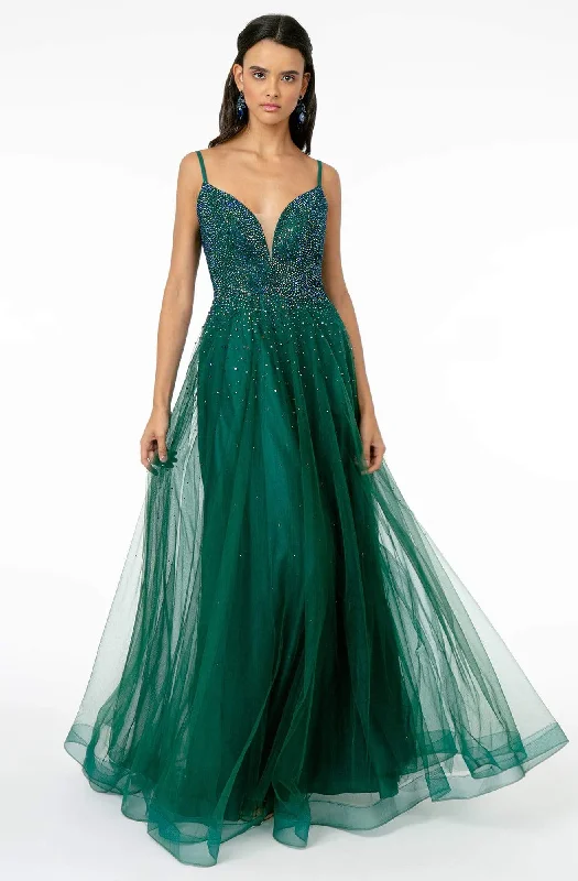 Elizabeth K - GL2891 Beaded Bodice Illusion Deep V-Neck Long Dress