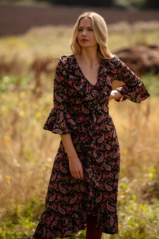 Felicity Midi Dress in Black Paisley