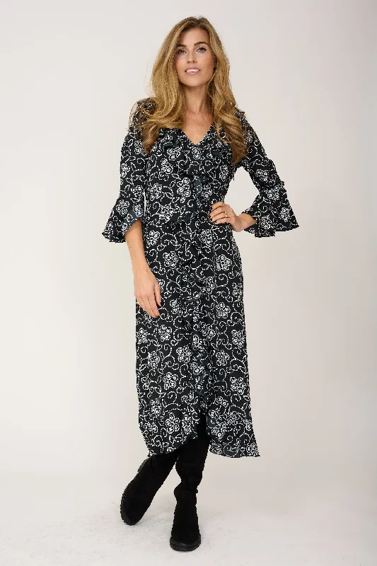 Felicity Midi Dress in Black & White Floral