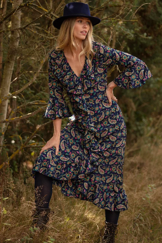 Felicity Midi Dress in Navy Paisley