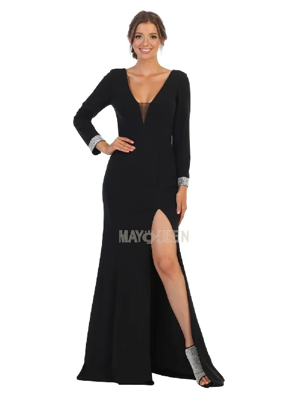 May Queen - MQ1761 Plunging V-Neck Long Sleeves Dress with Slit