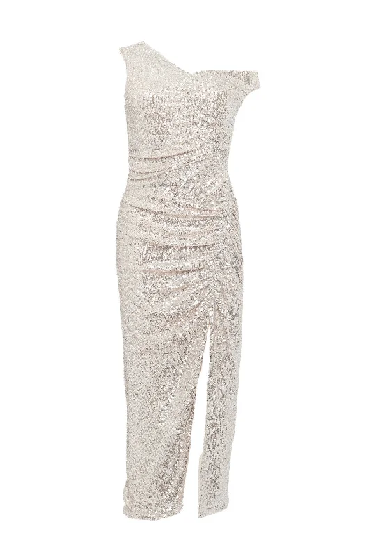 Silver Sequin Gathered Asymmetric Midi Dress