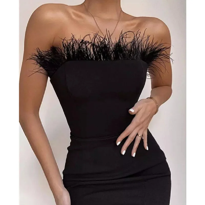 Sexy Strapless Backless Feather Black Midi Dress