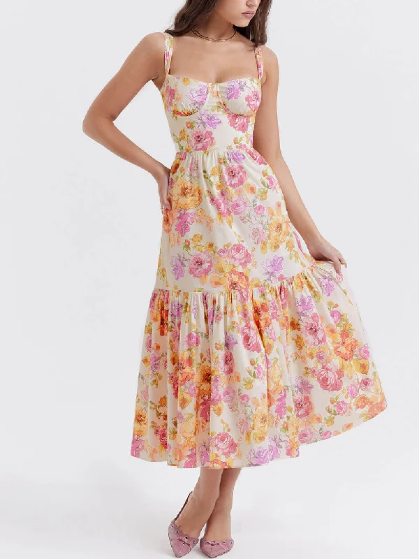 Strap A-Hem Stylish Floral Midi Dress