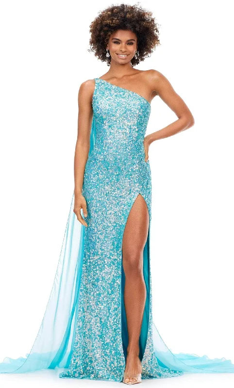 Ashley Lauren 11371 - Asymmetric Sequin Prom Gown With Cape