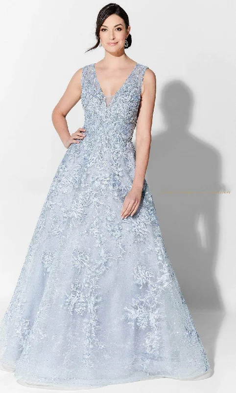 Ivonne D 122D67W - V Neck Embroidered Tulle Gown