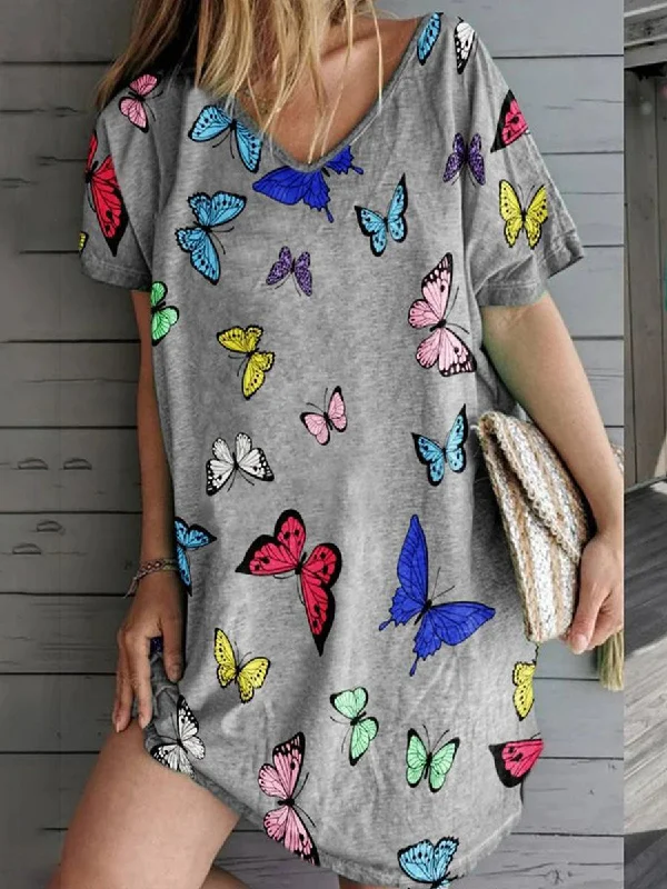 Butterfly Print Loose V-neck Dress