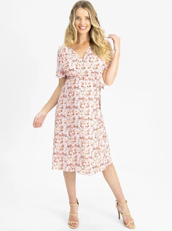 Maternity and Nursing Wrap Dress in Floral Pink