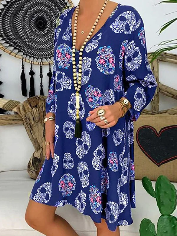 Women's Casual Loose Embroidered Printed V-neck Dress