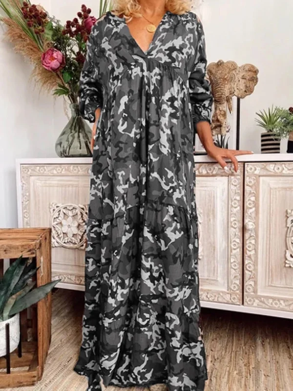 Women's casual loose printed embroidery v-neck dress