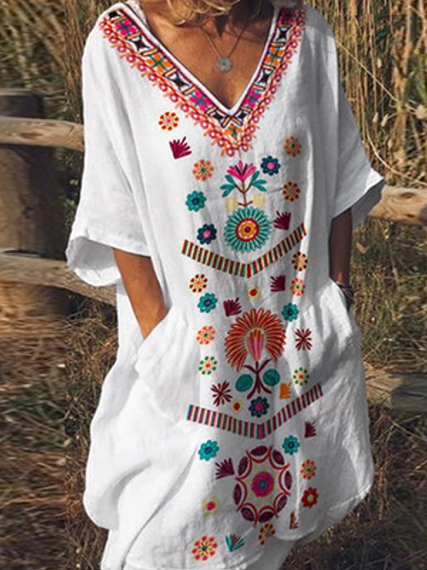 Women's casual loose printed long embroidered dress