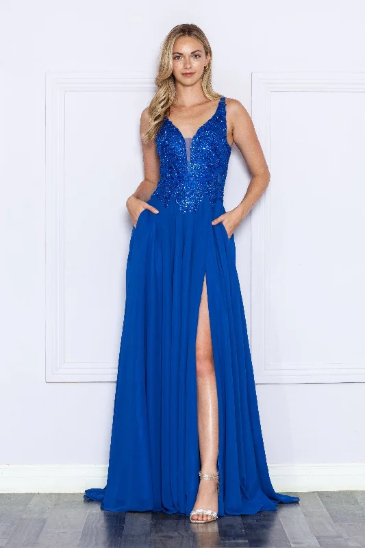 Embroidered Chiffon Sleeveless Slit Gown by Poly USA 9366