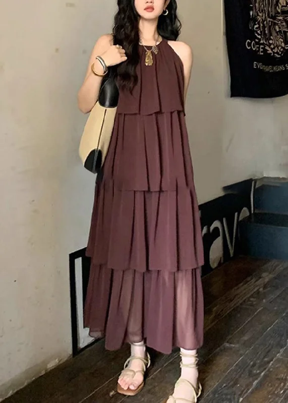 Fashion Coffee O Neck Layered Wrinkled Patchwork Chiffon Dresses Sleeveless XX020