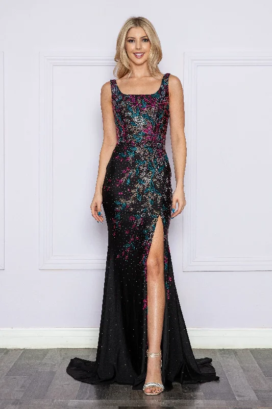 Fitted Beaded Sleeveless Slit Gown by Poly USA 9270