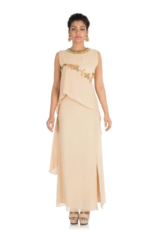 Hand Embroidered Light Beige Double Layered Dress