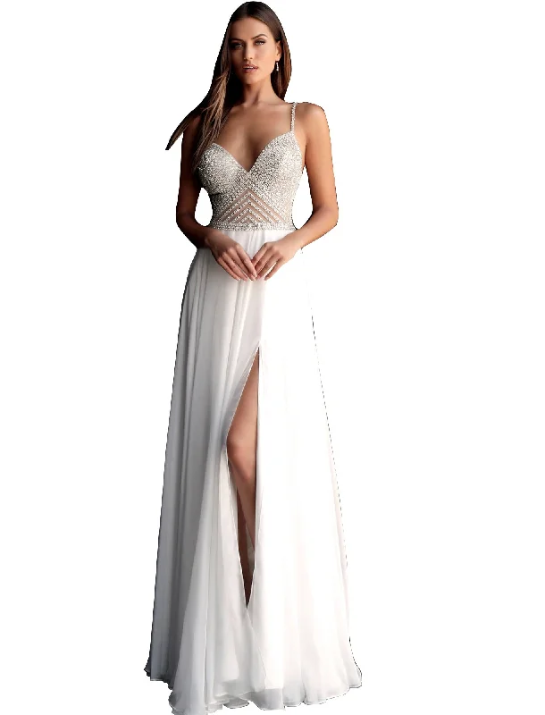 Jovani Off White High Slit Beaded Bodice Chiffon Prom Dress