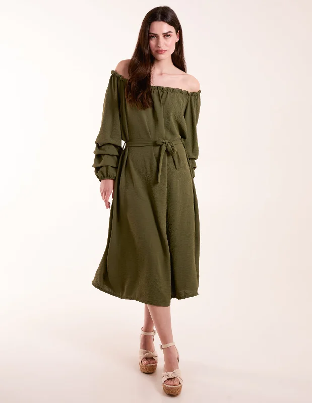 Puff Sleeve Belted Bardot Dress