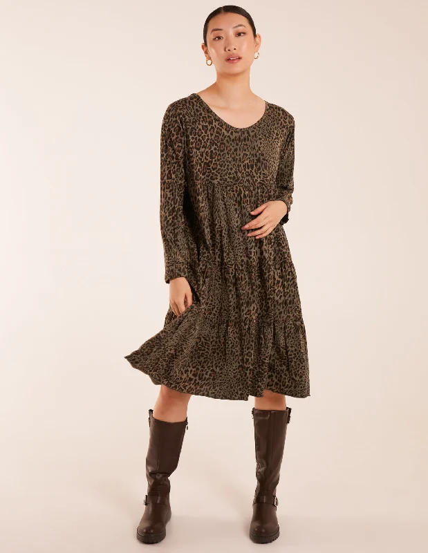 Tiered Leopard Roll Sleeve Smock Dress