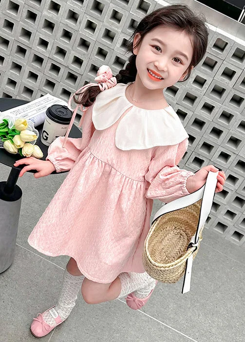 Lovely Pink Peter Pan Collar Solid Cotton Girls Dresses Fall XZ071