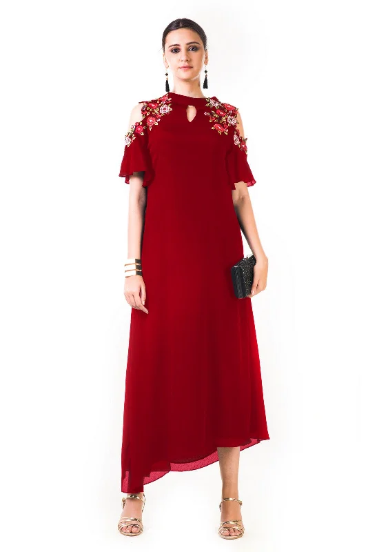 Maroon Asymmetrical Hand Embroidered Cold Shoulder Dress