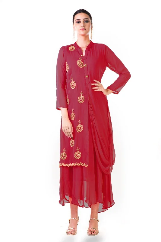 Maroon Hand Embroidered Cowl Tunic Dress