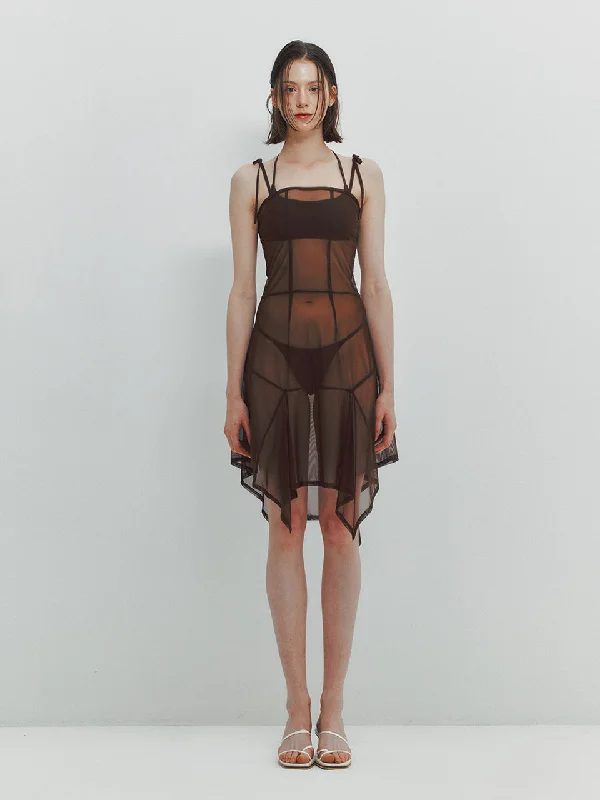 [MEENDERI] SS 24 ASYMMETRIC MESH DRESS - BROWN