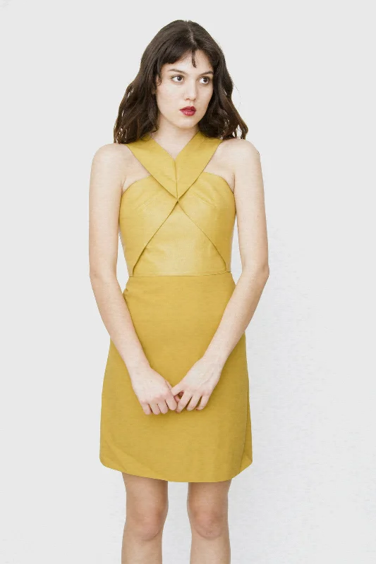 MUSTARD YELLOW LEATHER SILK DRESS