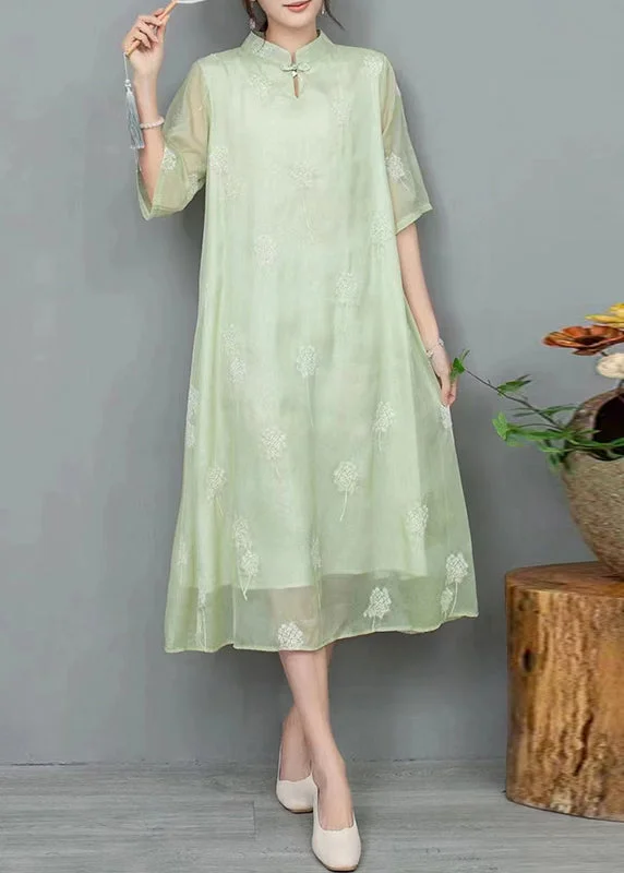 New Light Green Stand Collar Embroidered Linen Dress Half Sleeve JH033