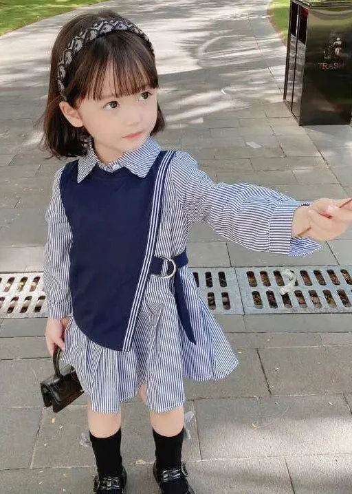 New Navy Waistcoat And Striped Dresses Cotton Girls Two Pieces Set Fall XZ079