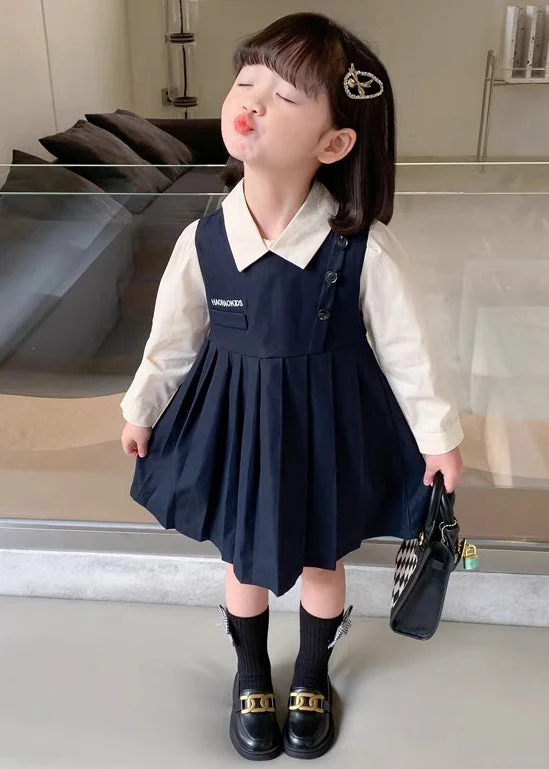 New Navy Wrinkled False Two Pieces Cotton Girls Dresses Fall XZ020