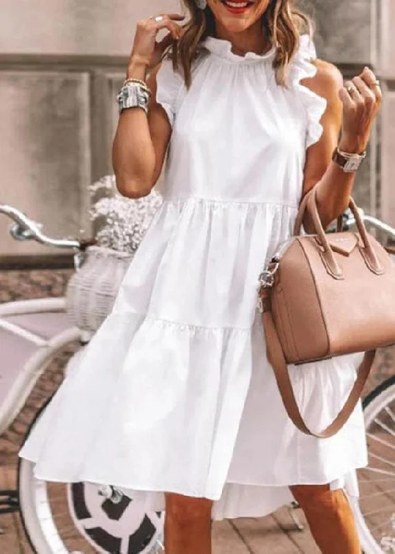 New White Ruffled Solid Cotton Dress Sleeveless BB049