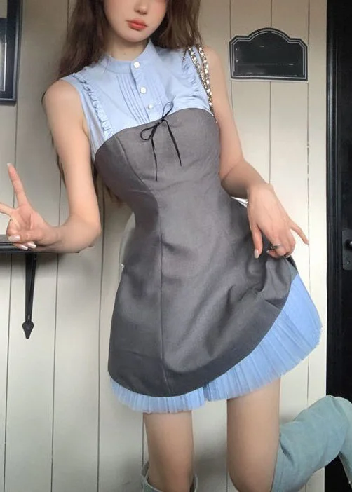 Novelty Blue Ruffled Button Patchwork Cotton Mid Dress Sleeveless ZL018