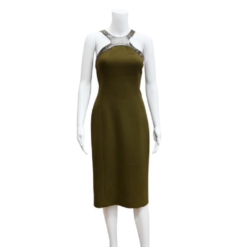 Olive Snake-Embossed Trim Dress