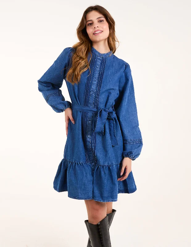 Pintuck Belted Chambray Dress