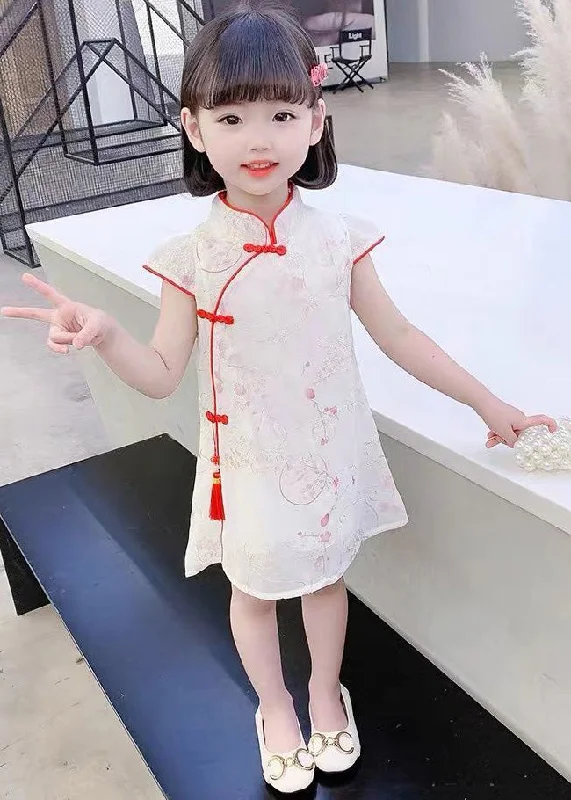 Red Stand Collar Button Silk Kids Mid Dress Summer GF017