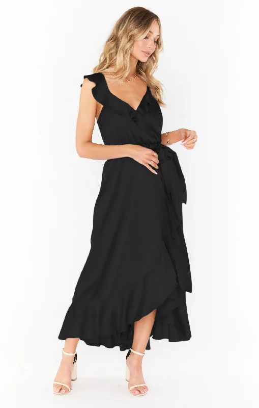 Samantha Ruffle Wrap Dress ~ Black Luxe Satin