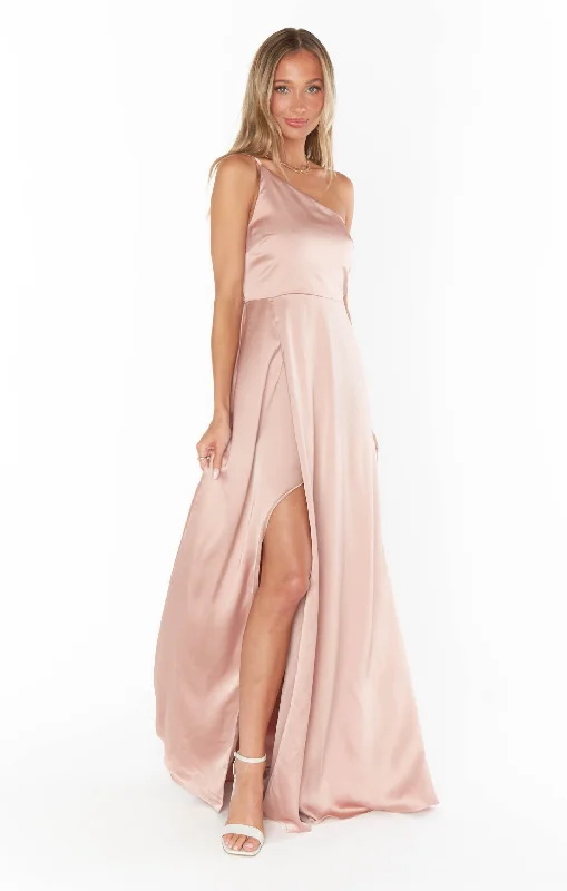 Shannon One Shoulder Dress ~ Rose Gold Luxe Satin