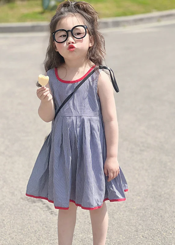 Simple Blue Striped Patchwork Kids Strap Mid Dress Sleeveless GF014