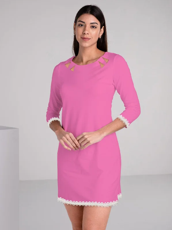 Solid Knit 3/4 Sleeve Crew Neck Embellished Dress