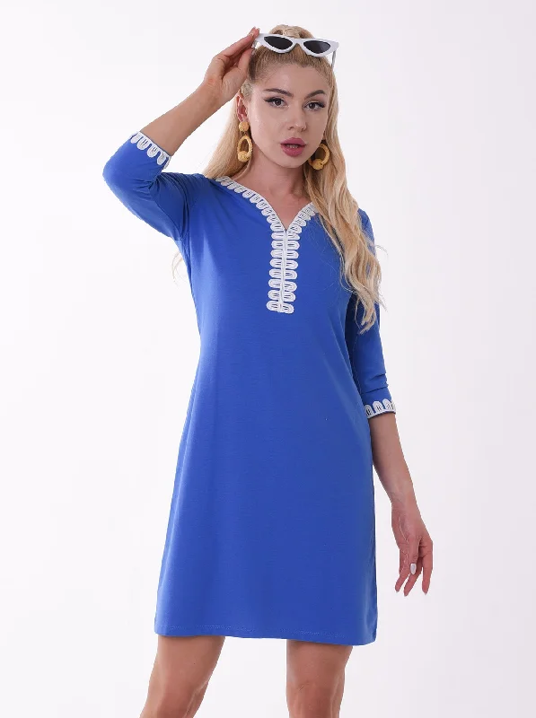 Solid Knit 3/4 Sleeve Embellished Neck Dress