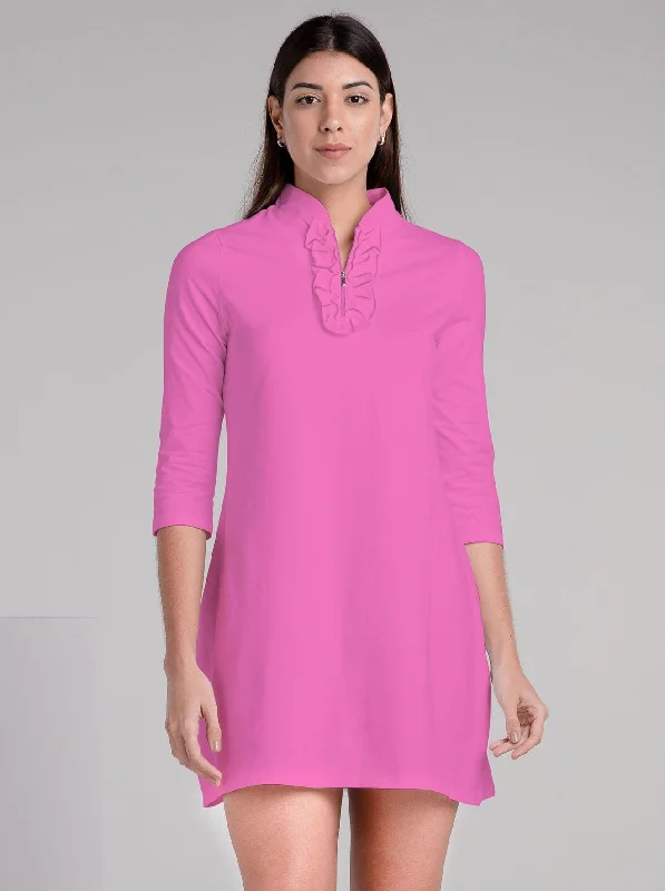 Solid Knit 3/4 Sleeve Ruffle Placket Neck  Dress