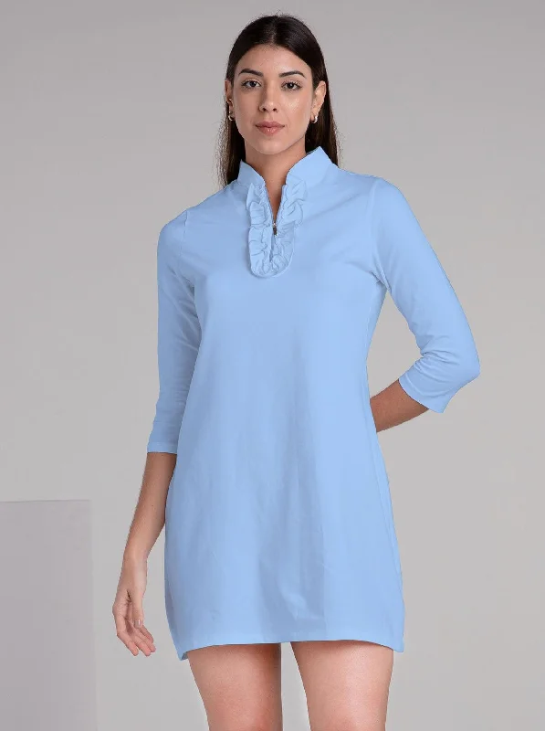 Solid Knit 3/4 Sleeve Ruffle Placket Neck  Dress