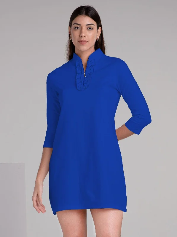 Solid Knit 3/4 Sleeve Ruffle Placket Neck  Dress