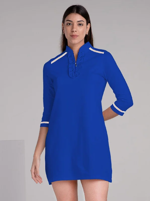 Solid Knit 3/4 Sleeve Ruffle Placket Neck Embellished Dress