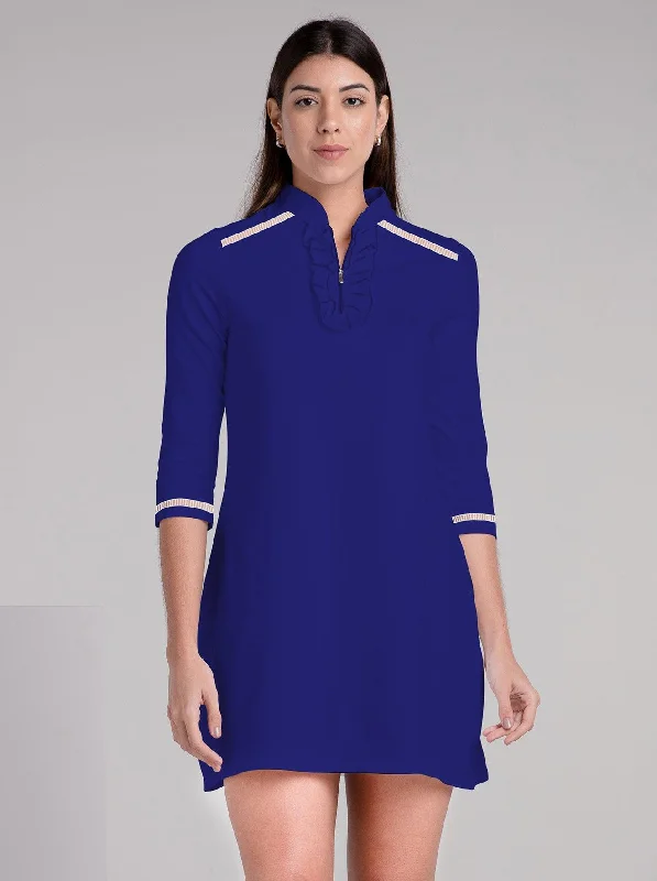 Solid Knit 3/4 Sleeve Ruffle Placket Neck Embellished Dress